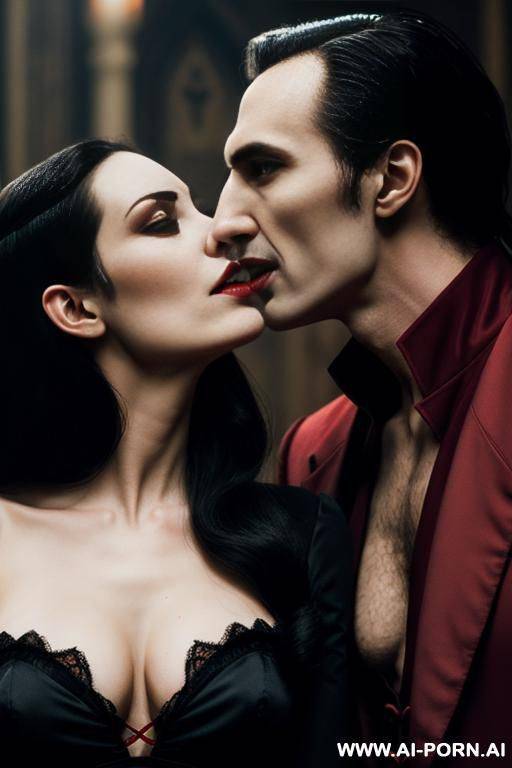 count dracula bites a woman on the neck (his fangs are digging into the skin on a woman neck) - #main