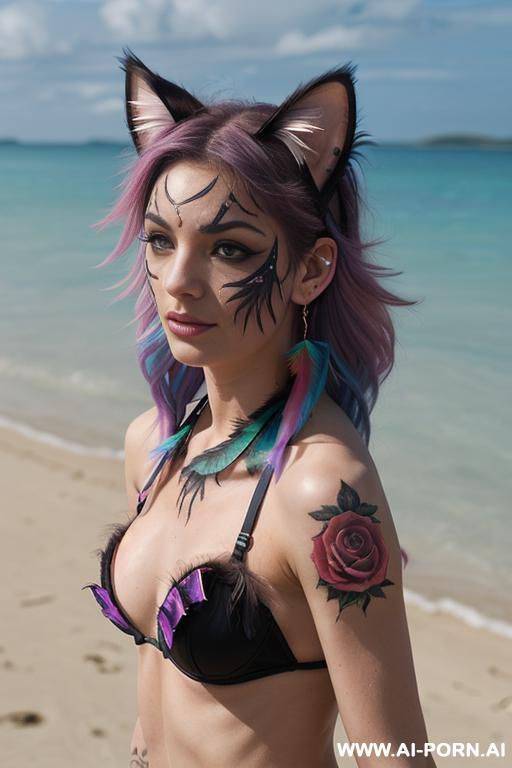 face, sexy, beautiful, ((face painting)), ((bikini as seashell)), ((tattoo roses)), ((eyes shw)), ((angel wings)), ((rainbow hair)), ((long bu hair)), ((wind)), (( cat face)), (( cat ears)), (((feather - #main