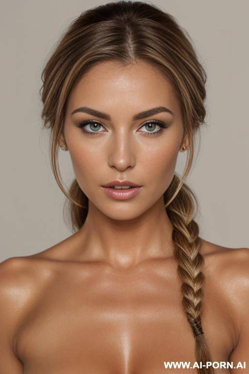 a beautiful naked woman with brown hair with blonde highlights, hair is tied back , looking directly at viewer - #main
