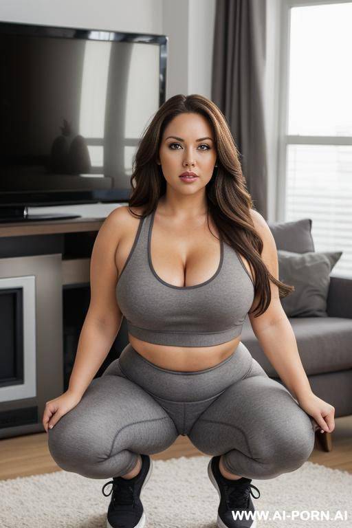 chubby woman, full body, squatting, long brown hair, triangular hips, thick thighs, wearing grey leggings and tank top, living room in front of the television - #main