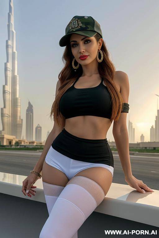 cloudy sunset in dubai city a beauty face italian mommy with view fish eye lens ground level shot looking ahead direct eye contact to a mobile phone talking view stading sexy posture leaning - #main