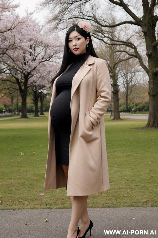 with both feet spread out, wearing a fully naked coat over the shoulders, black hair, pregnant, a hair accessory with only one peony, large round earrings.full body photo standing.full face photo - #main