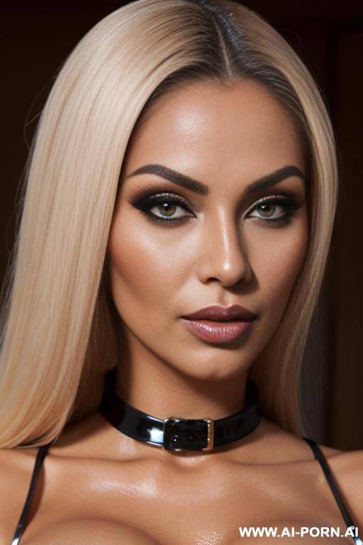 persian bimbo, heavy makeup, perfect tanned naked body, eye contact, latex collar - #main
