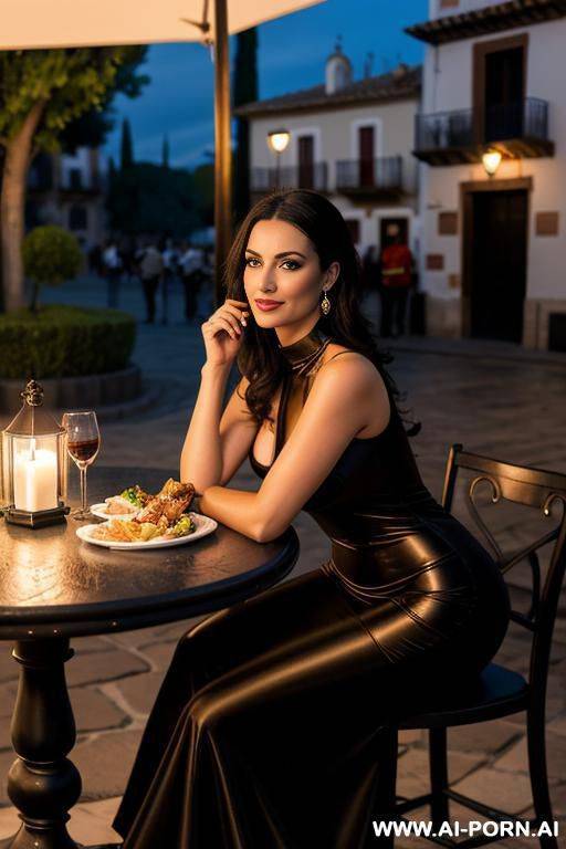 romantic evening dinner with elegant and beautiful spouse in old spain street. we are sitting at table. food is very delicious. she is looking at me. she has elegant and beautiful evening - #main