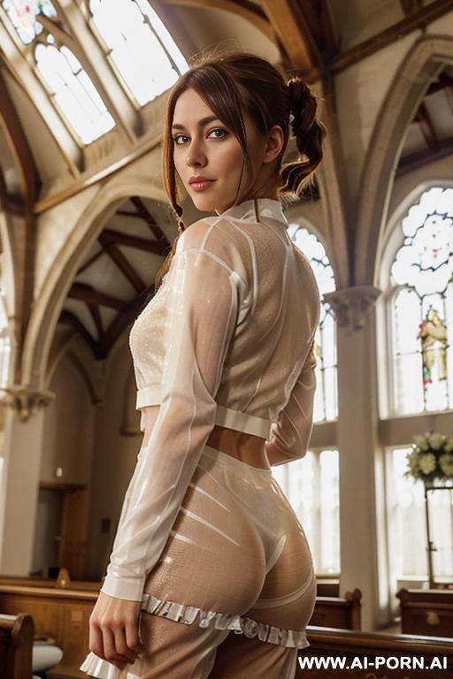 (woman looking back at viewer over her shoulder), round face, square jawline, soft inviting smile, alluring eye contact - #main