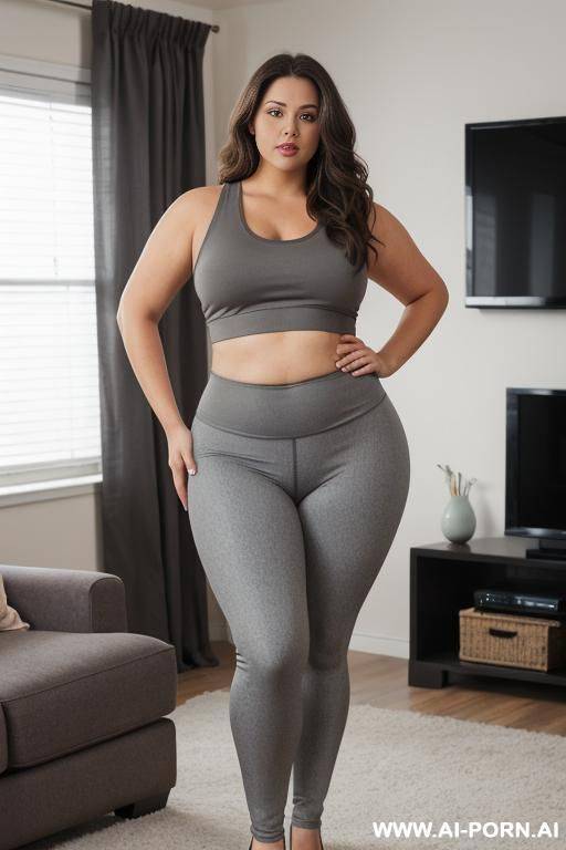 chubby woman, full body, standing, long brown hair, triangular hips, thick thighs, wearing gray leggings and tight tank top, living room in front of the television - #main