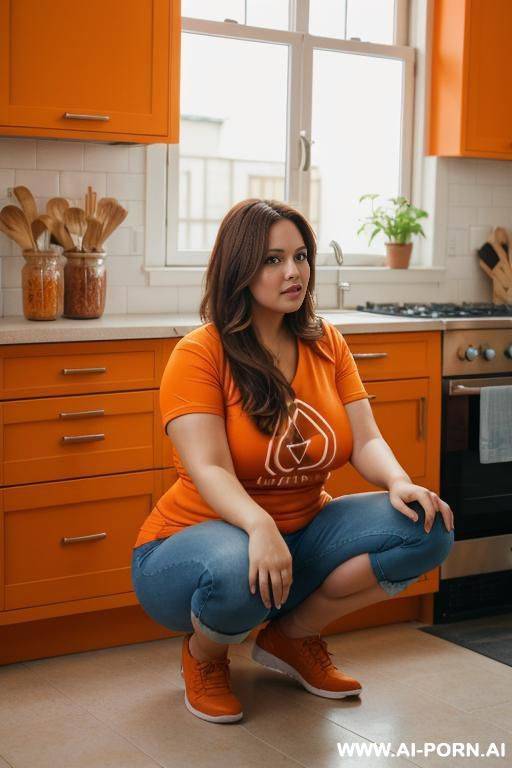 chubby woman, full body, squatting, long brown hair, triangular hips, thick thighs, wearing orange t-shirt, blue denim shorts, home kitchen - #main