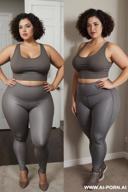 chubby woman, full body, standing, short brown hair, triangular hips, thick thighs, wearing gray leggings and tank top, double bedroom - #main
