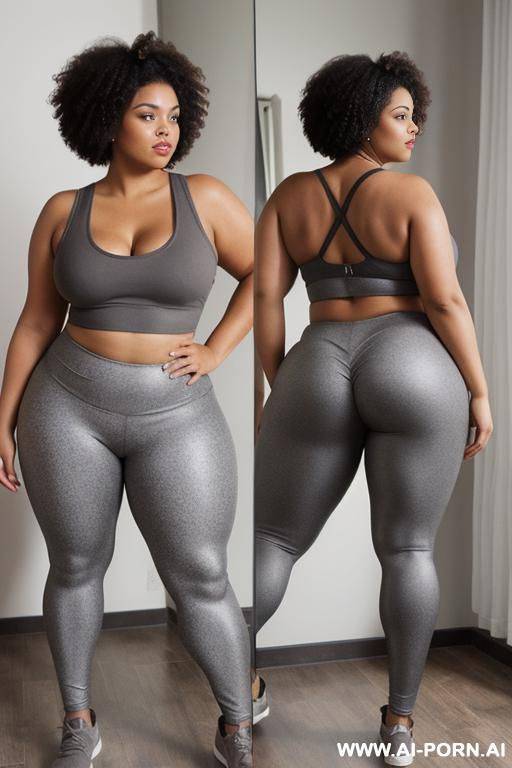 chubby woman, full body, standing, short afro brown hair, triangular hips, thick thighs, wearing gray leggings and tank top, double bedroom - #main