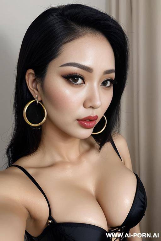 close selfie, pouting, round boobs, extremely pretty, full lips, button nose, eye contact, ahegao, hoop earrings, extremely narrow tight waist - #main