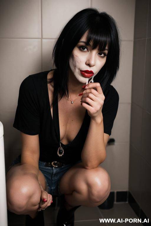 woman squatting, dark red lipstick, rocker look, high boots, deep cleavage, cumshot on her face - #main