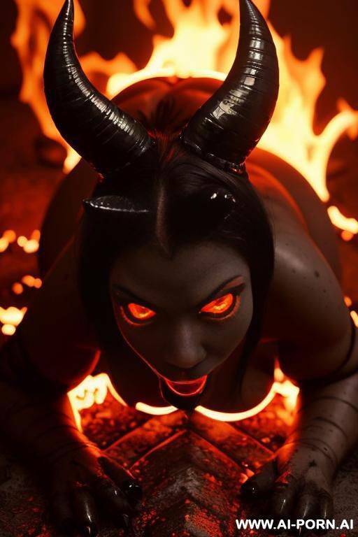 hot sexy seductive horny beautiful demon woman, horns, ((coal black skin)), ((glowing eyes)), perfect body, perfect boobs, ((plump lips)), bending over, surrounded by fire - #main