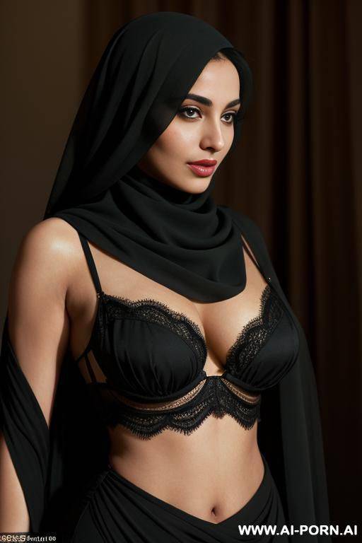 a seductive arab woman, about 2, with green eyes and a beauty mark near her lips. she has a waist and voluptuous curves that are subtly visible through a tight, form-fitting black burqa. - #main