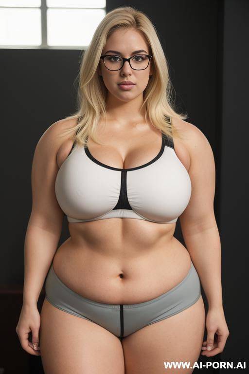 (thick rimmed glasses) (sports bra), massive thighs, gigantic thighs, obese thighs, muscled bulked up thighs, huge thighs - #main