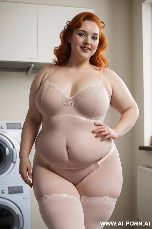 ((half body photo shot close up)). as a set in the laundry area, a (((very obese bbw with lovehandless))) fat chubby fat thick and bbw redhead british, ((she is washing clothes)). she has - #main