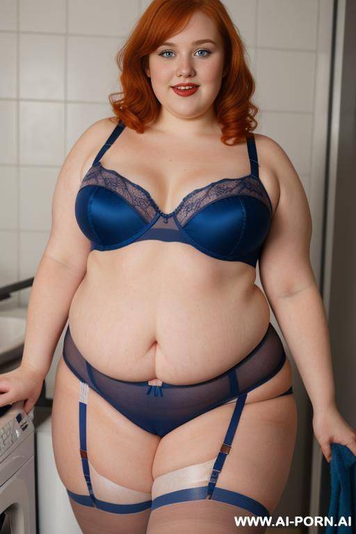 ((half body photo shot close up)). as a set in the laundry area, a (((very fat and obese))) fat chubby fat thick and bbw redhead british, ((she is washing clothes)). she has lovehandless. - #main
