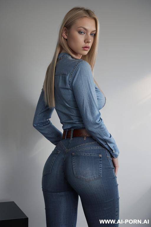 tight ass, round ass, belt, jeans, oversized cotton shirt, standing up - #main