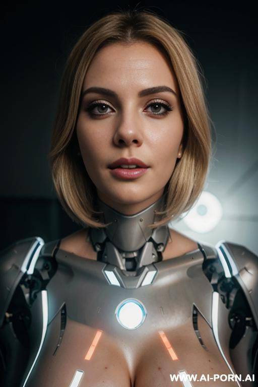 busty blonde robot with missing skin in half face exposing inside glowing robotic eye - #main