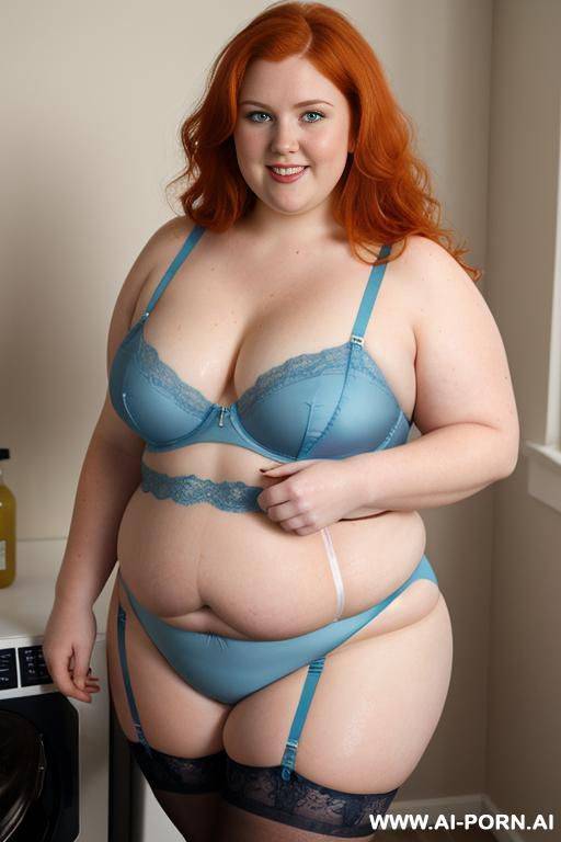 half-length photo, as a set in the laundry area, a fat chubby ((obese)) fat thick and bbw redhead british, she is washing clothes and is soaked in foamy water. (she has lovehandless and a - #main