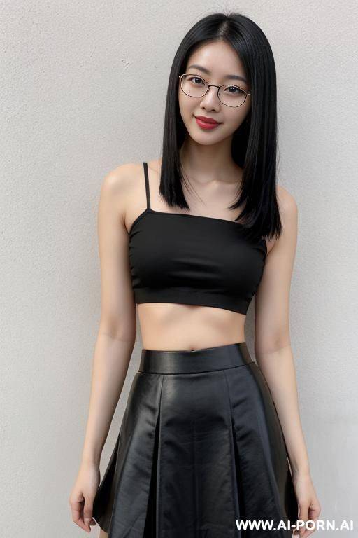 (thick rimmed glasses) (asian) (black skirt) (crop top) - #main