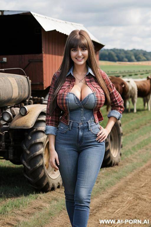 tall 20 year old female farmer smiling with (((massive breasts))), long legs, big eyes, long hair with bangs, standing on a farm wearing a jean jacket, red plaid shirt showing cleavage - #main