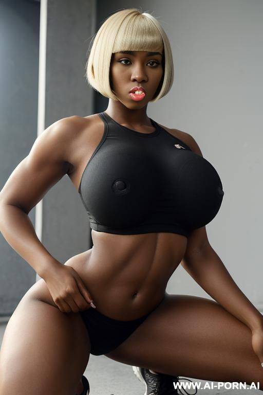 black woman, 20 years old, size, athletic body, muscular stomach, ((((huge round boobs)))). short hair, sleek hair, (((bobcut hair))), (((dyed blond hair))), sport wear, black crop top and black short, kneeling, cum in mouth - #main
