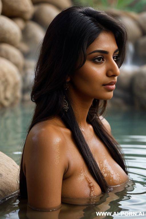 (close up) (embarassed tanned pakistani woman) (hot spring) (long hair) (looking back over shoulder) (arms crossed over breasts) - #main