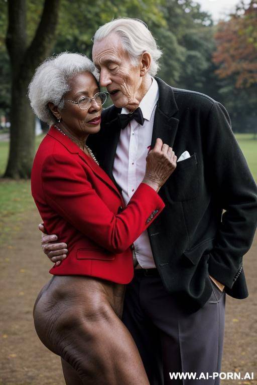 granny ebony woman, nude, red blazer, standing in park, hugged by old smoking danish man - #main
