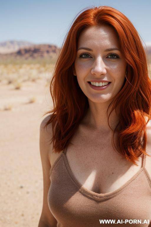 walking on a sunny way, red hair, about 0 years old, smiling, see trough shirt, large boops - #main