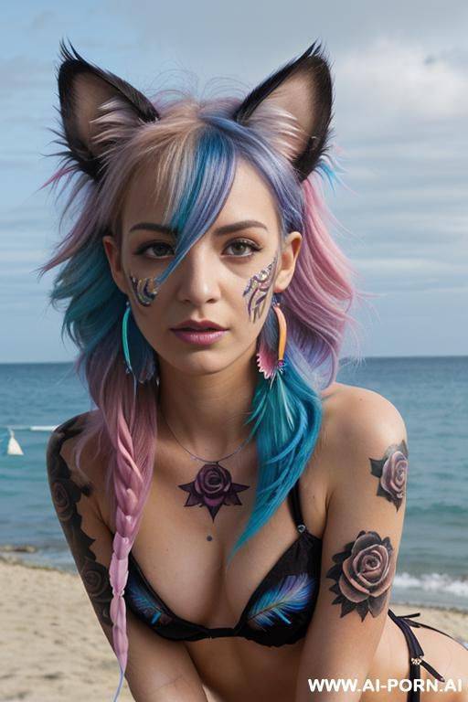 face, sexy, beautiful, ((face painting)), ((bikini as seashell)), ((tattoo roses)), ((eyes shw)), ((angel wings)), ((rainbow hair)), ((long bu hair)), ((wind)), (( cat face)), (( cat ears)), (((feather - #main