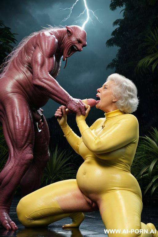 two characters in the picture: granny and monster (male extraterrestrial creature); tropical jungle, heavy rainstorm (a lot of water around), lightning; huge male extraterrestrial creature (very - #main