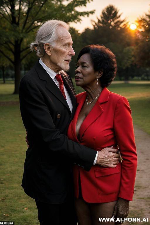 granny ebony woman, nude, red blazer, standing in park, hugged by old smoking danish man - #main