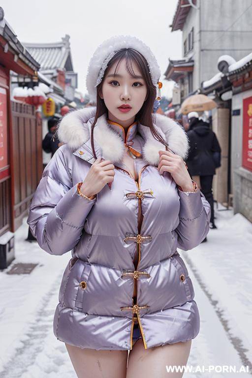 ((( kpop model, eyes, perfect face ))) , chinese traditional clothes, long puffer jacket, satin, winter clothes, silk, colorful, clothed - #main
