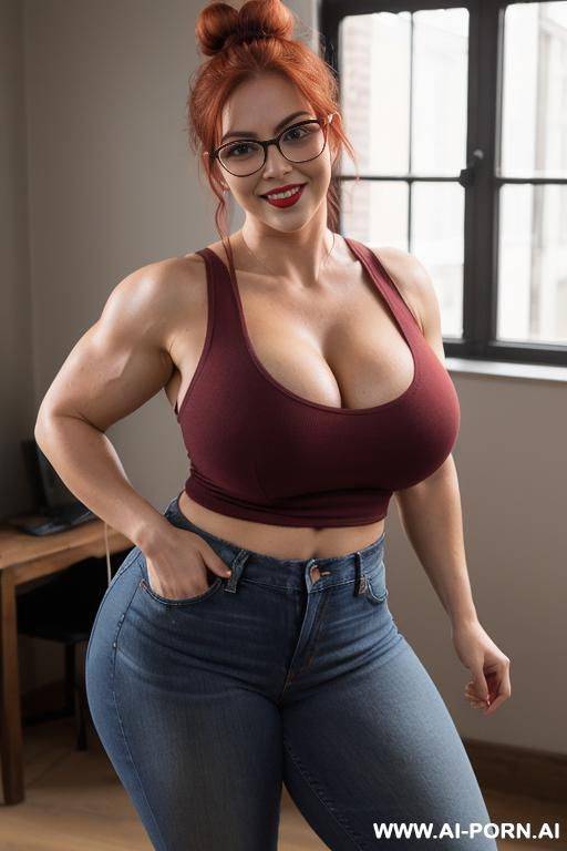 glasses, (((large eyes, eye contact))), ((deep cleavage)), ((perky gaze)), ((muscles)), dancing pose - #main