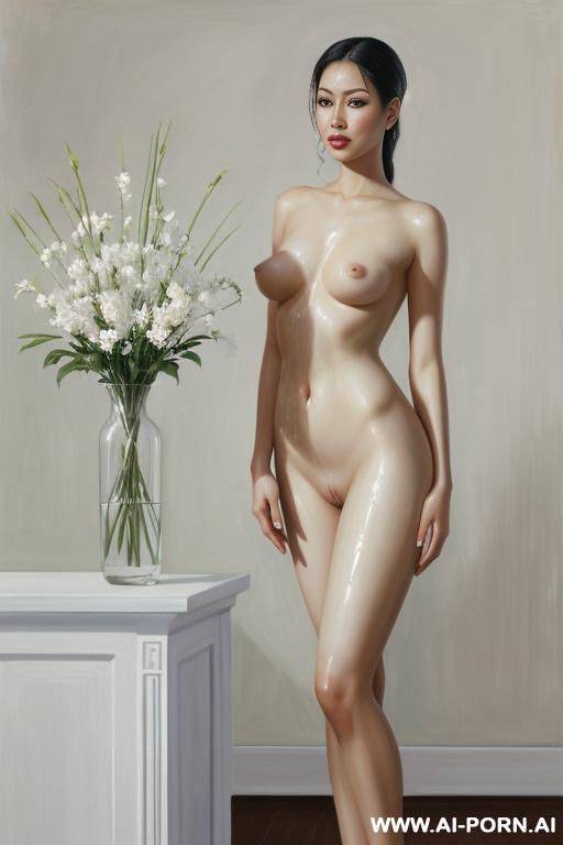 hyperrealism painting: very beautiful sexy orgazm uzbek face, totally nude body. white skin. standing full-length view. flower in a vase. art. - #main