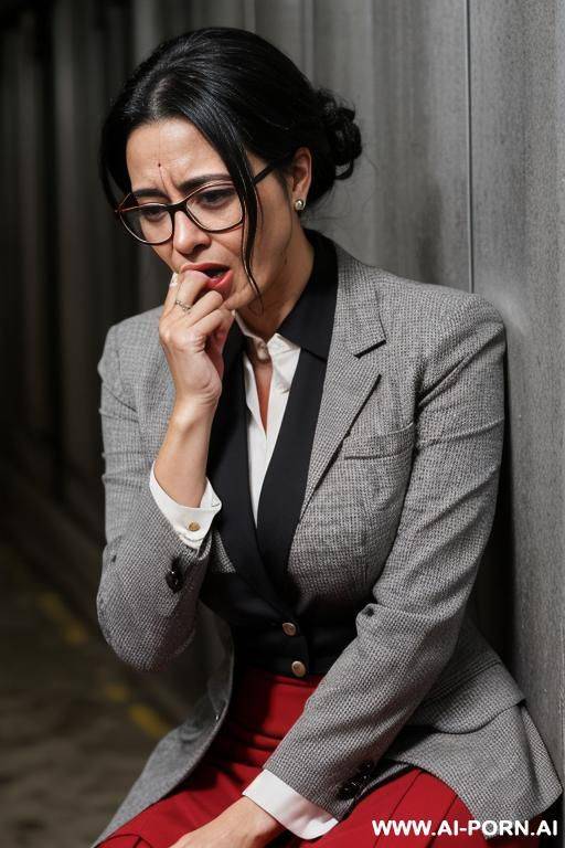 the scenery is an abandoned storm shelter at nighta hyper attractive 0 years old businesswoman, black hair, with glasses , wearing a dirty and ripped red skirt suit, is napped.woman has her - #main