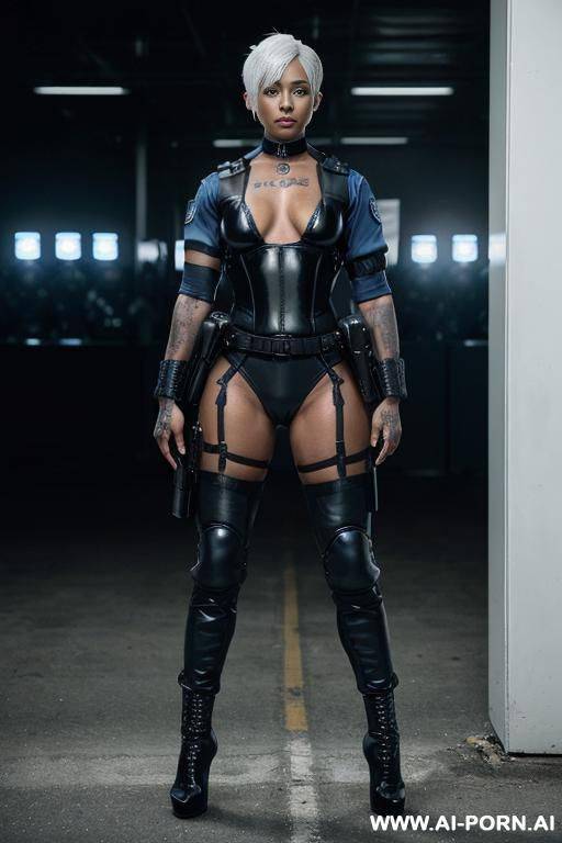 a naked dark-skinned muscular policewoman with short white hair, a body covered in vulgar inscriptions and sprayed with white liquid in a collar, lies in tears with a lost look in full growth - #main