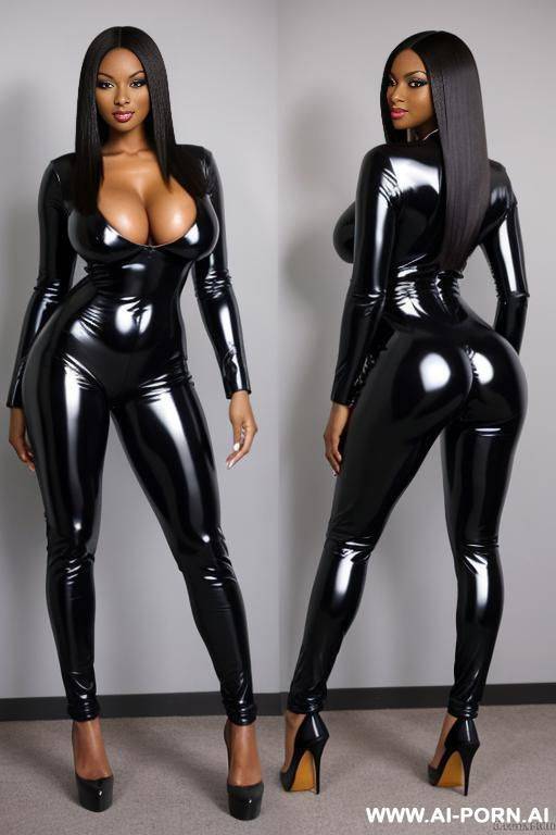 ebony supermodel with straight hair and huge boobs wearing high heels and a latex catsuit - #main