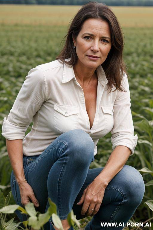 farmer woman, shirt, jeans, squatting besides field - #main