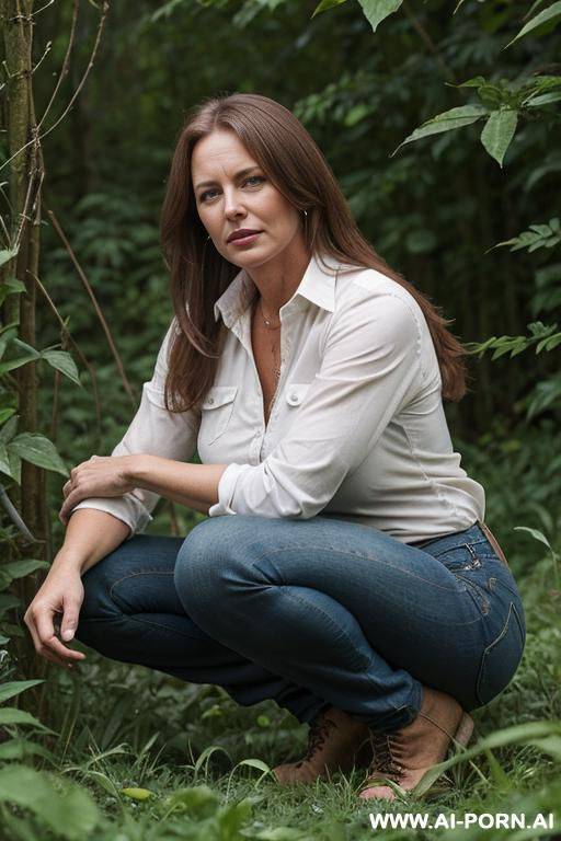 farmer-woman, shirt, jeans, squatting, legs apart in underbrush besides field, hands on knees side-view - #main