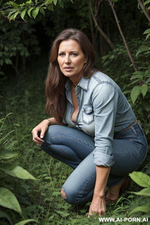 farmerwoman, shirt, jeans, squatting legs apart in underbrush besides field, hands on knees side view - #main