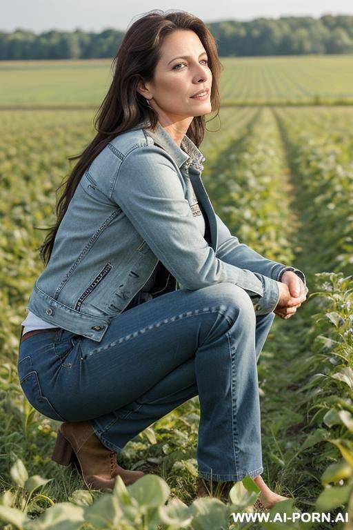 farmer woman, shirt, jeans, jacket squatting besides field, hands on knees, side view - #main