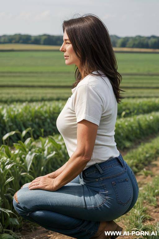 farmer woman, shirt, jeans, squatting besides field, side view - #main