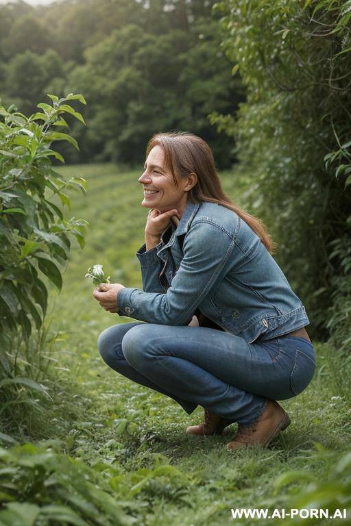 farmerwoman, shirt, jeans, jacket squatting, bending over in underbrush besides field, holding tissues, smiling, side view - #main
