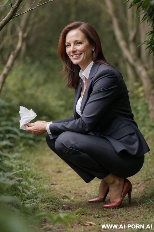 businesswoman, shirt, pants, jacket squatting, bending over in underbrush besides field, holding tissues, smiling, side view - #main