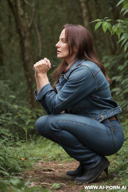 workerwoman, shirt, jeans, jacket squatting, bending over in underbrush besides field, side view - #main