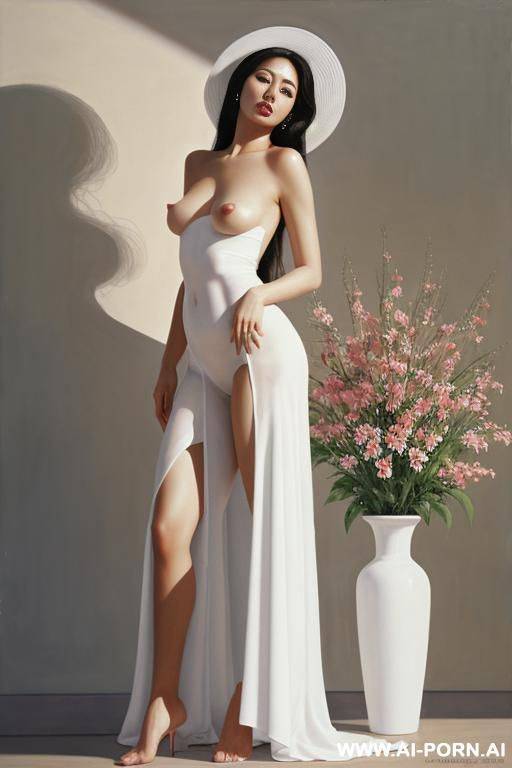 hyperrealism painting: very beautiful sexy orgazm uzbek face, totally nude body. white skin. standing full-length view. flower in a vase. cat. art. - #main