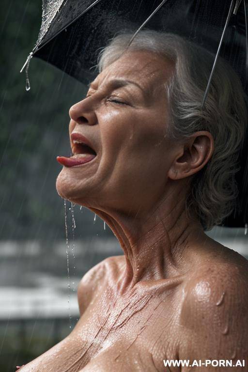 downpour (raining very heavily, like a wall of water). monster (fantastic looking creature), very large monster, (monster has huge tongue) (terrible monster looks like devil), monster licks by his - #main