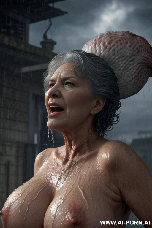downpour (raining very heavily, like a wall of water).two characters on the image. character a: very big monster (fantastic looking creature) (terrible monster looks like devil) stands in front of - #main