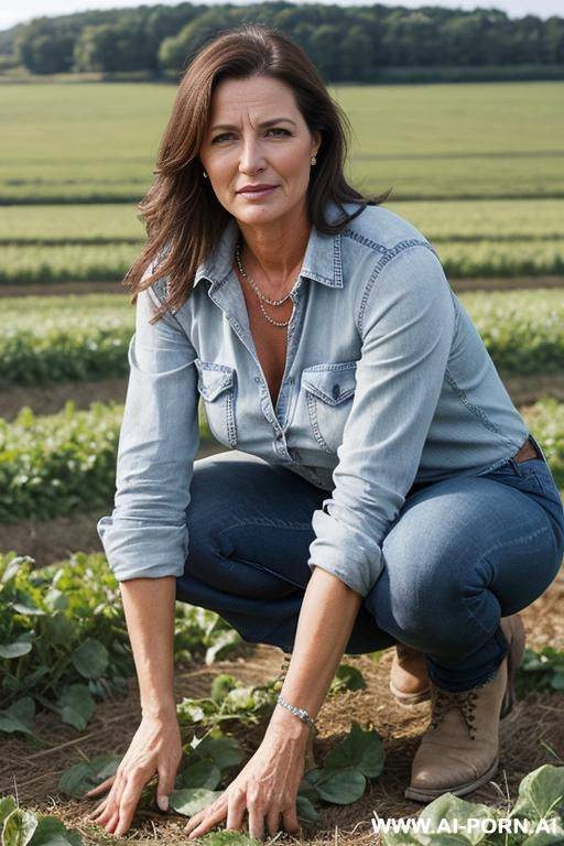 farmer woman, shirt, jeans, squatting besides field - #main